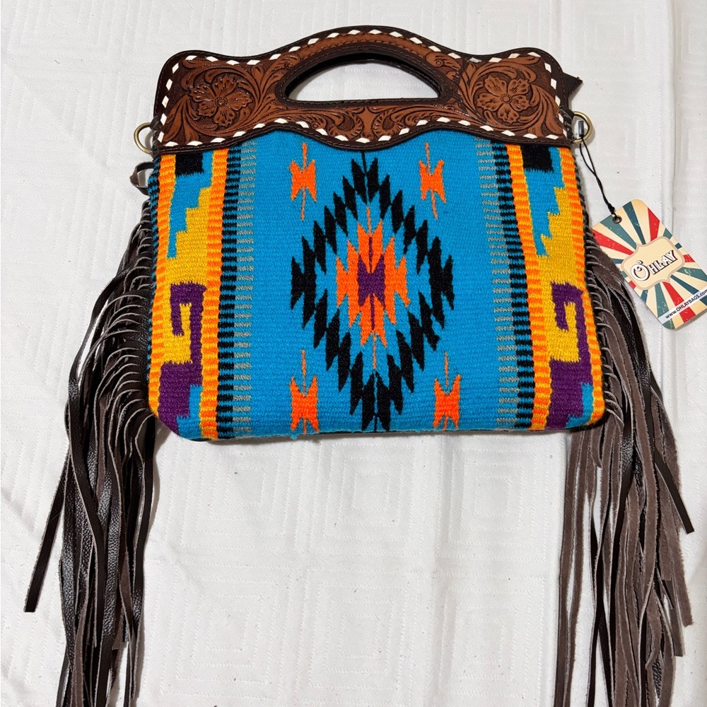 O’HLAY Blue and Orange Aztec Fringe Shoulder Bag